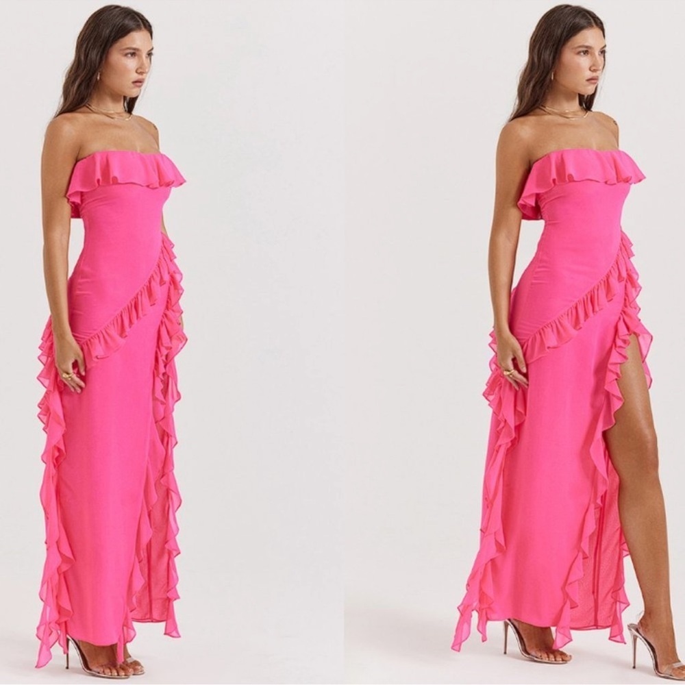 NWOT HOUSE OF CB Sarina Fuchsia Hot Pink Ruffle Strapless Maxi Dress sz L - Picture 4 of 9